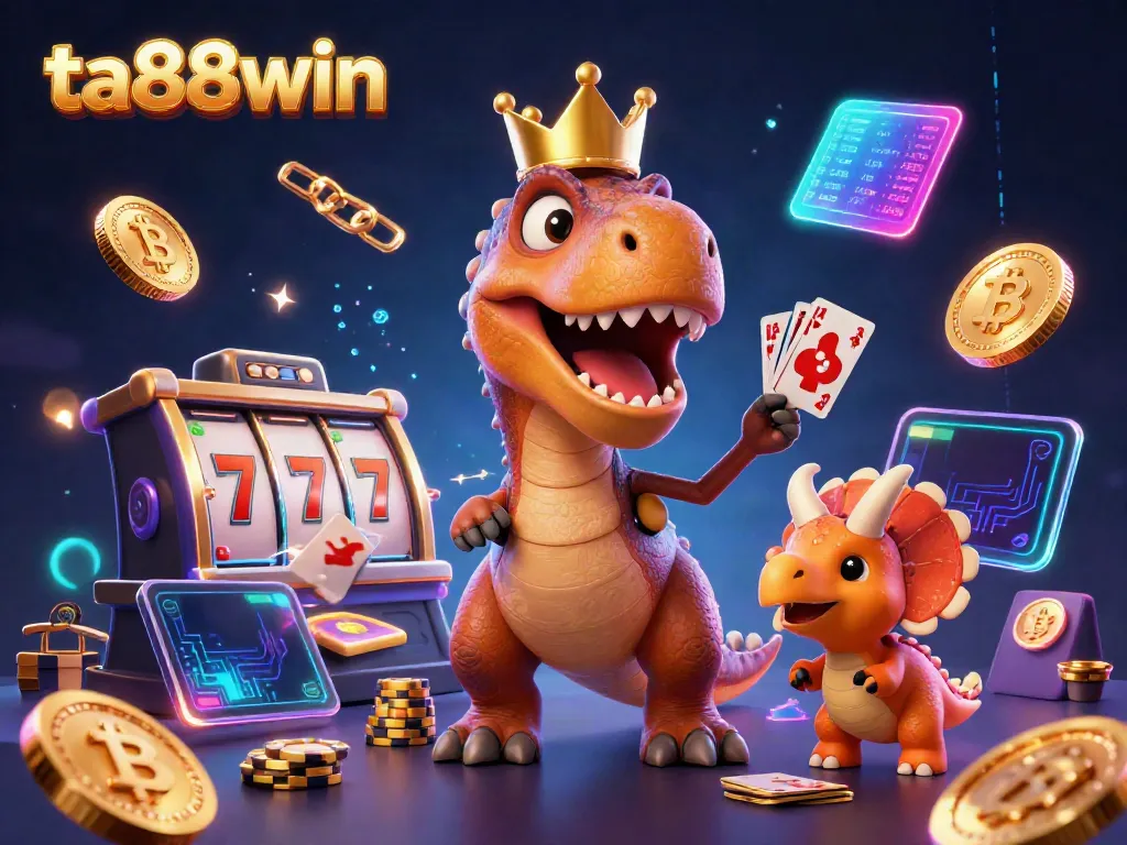Engage in exciting gameplay at ta88win with a T-Rex shuffling cards and a triceratops stacking chips.