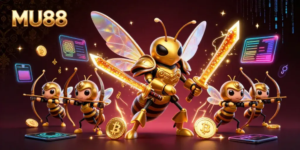 Experience thrilling gameplay at MU88 with a dynamic illustration of a golden hornet samurai amid crypto elements.