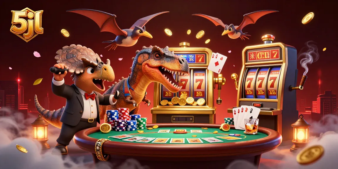 Engage with 5jl's thrilling jackpot scene featuring lively characters and vibrant casino elements.