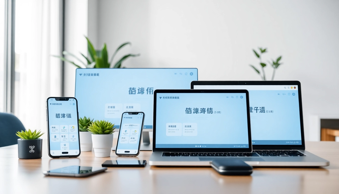 快连官网 interface displayed on multiple devices in a modern workspace.