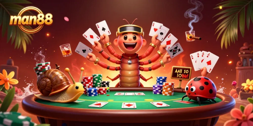 Engage in thrilling poker actions with man88 as a lively millipede dealer and high-roller snail.