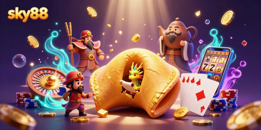 Experience sky88 with vibrant casino magic featuring a golden fortune cookie, dragon sage, and spinning roulette.