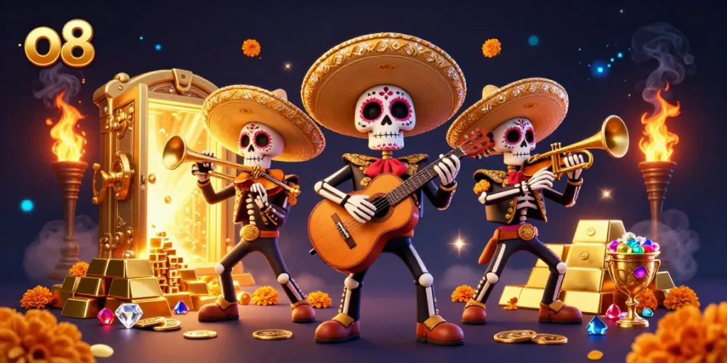 Experience thrilling jackpots with O8 in this vibrant 3D illustration featuring an energetic mariachi band.
