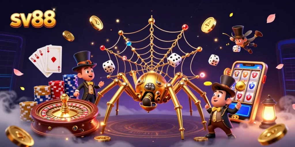 sv88 spins the excitement with golden casino elements and interactive characters in a vibrant online setting