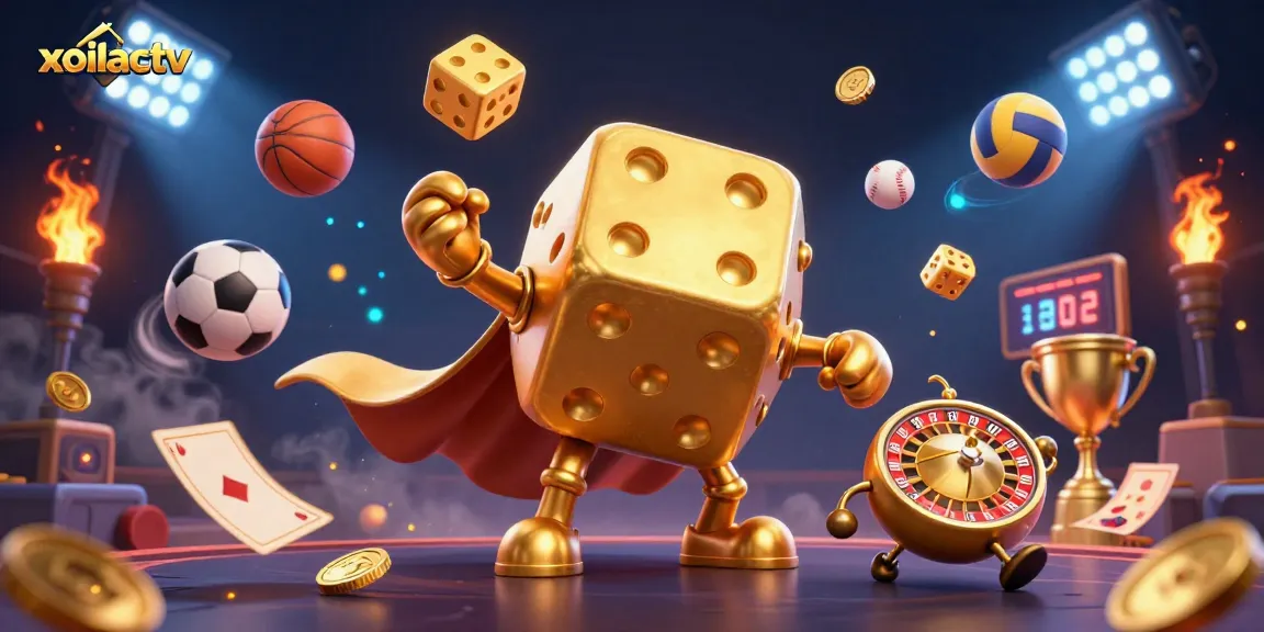 Experience the thrill of sports betting with xoilactv's dynamic golden dice golem and vibrant elements.