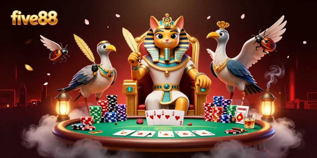 Experience thrilling poker moments with five88 in this vibrant casino scene illustration.