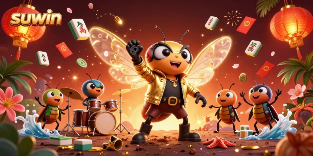 Experience the excitement of suwin with vibrant characters and dynamic casino elements in this 3D illustration.