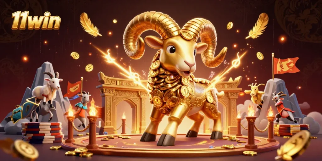 Engage with 11win's vibrant casino scene featuring a golden ram charging through an ornate gate.